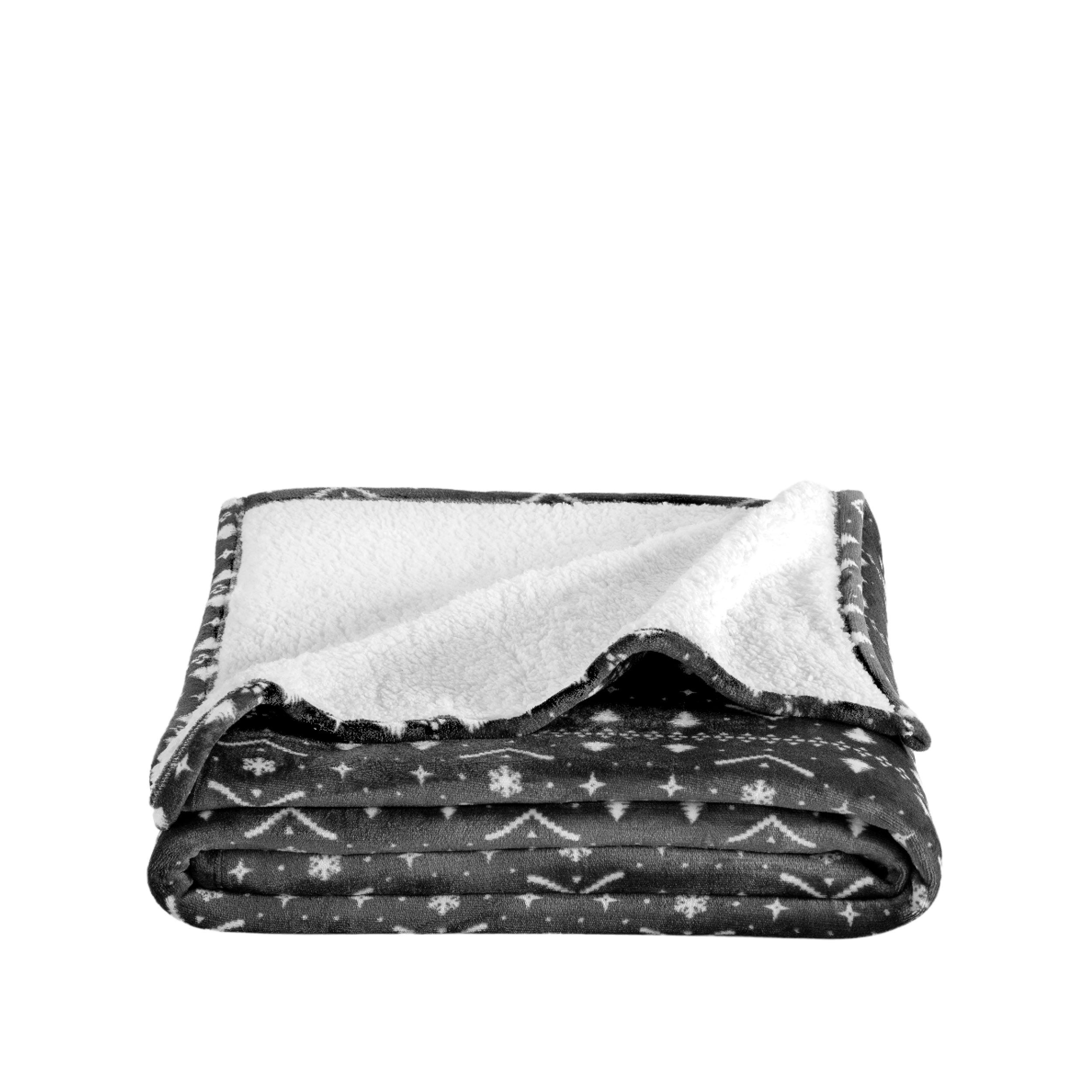 Winter Alpine Print Grey White Sherpa Blanket folded