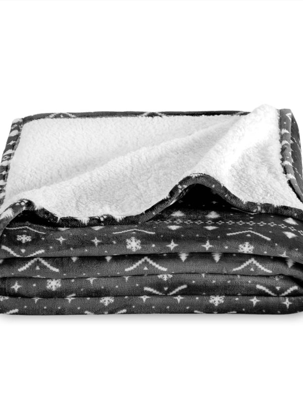 Winter Alpine Print Grey White Sherpa Blanket folded