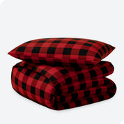 Buffalo plaid print duvet cover and sham set folded and stacked