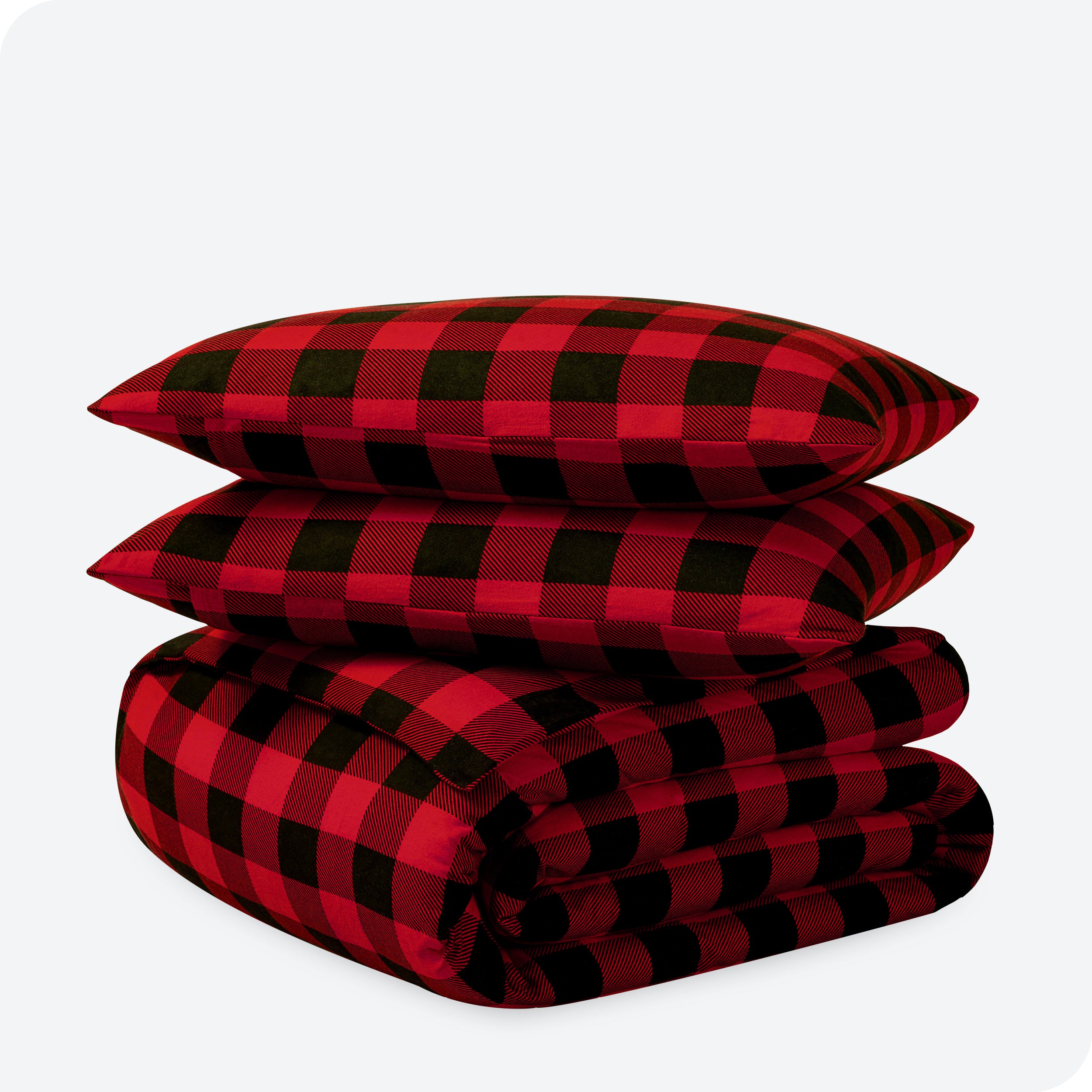 Buffalo plaid print duvet cover and sham set folded and stacked