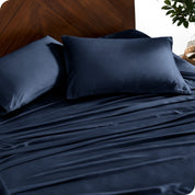 Close up of bamboo sheets and pillowcases on a bed