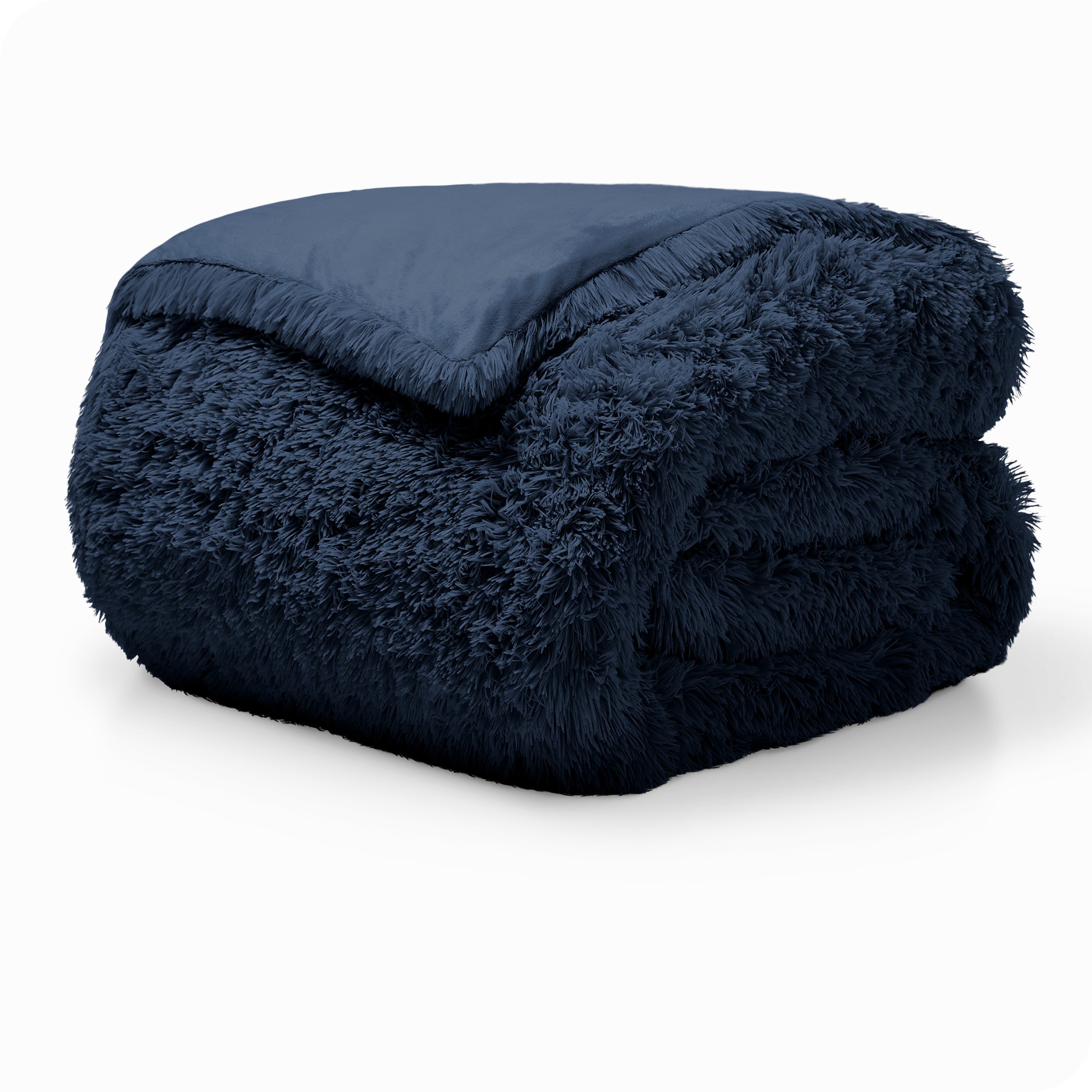A dark blue shaggy duvet cover folded neatly