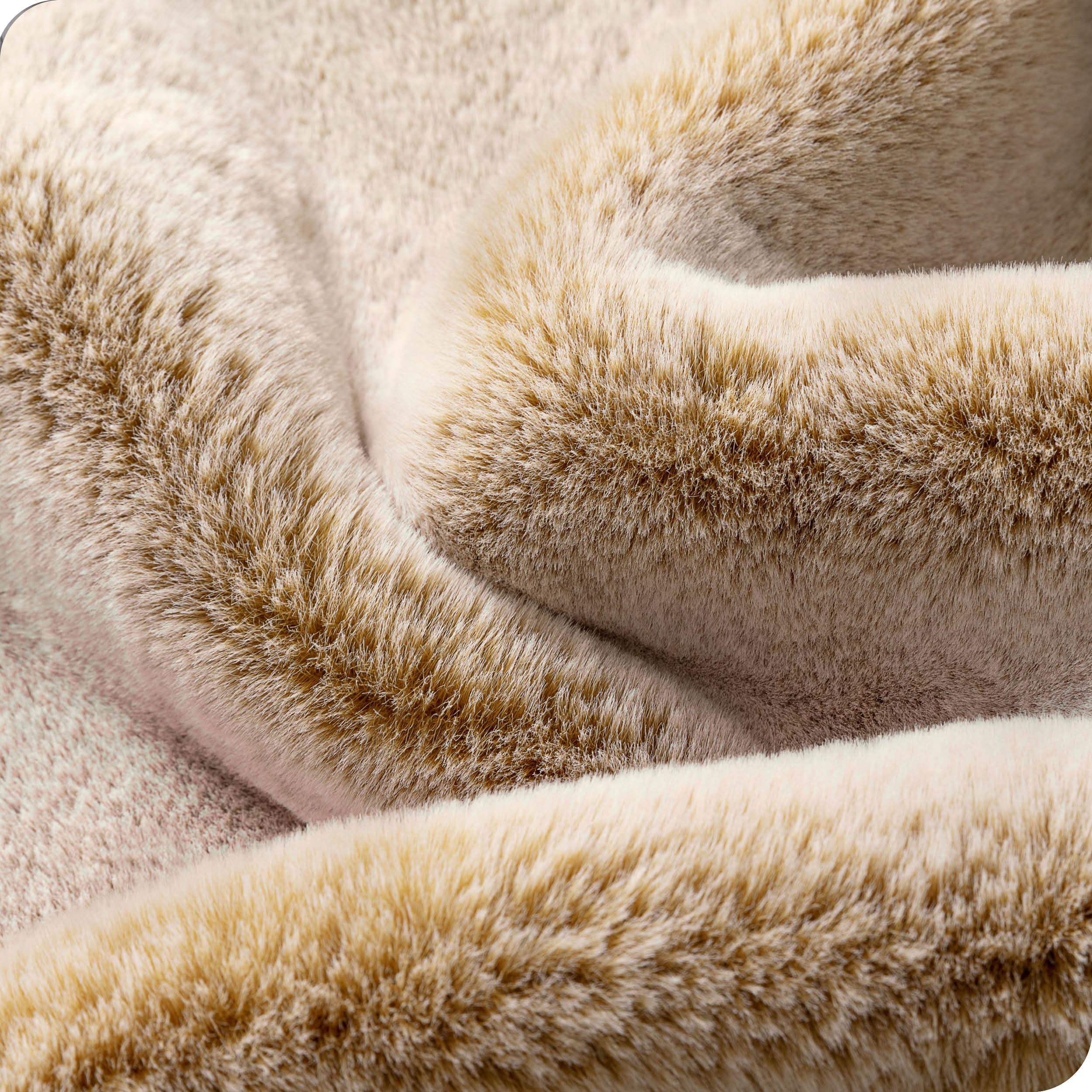 Close up showing the texture of faux fur blanket