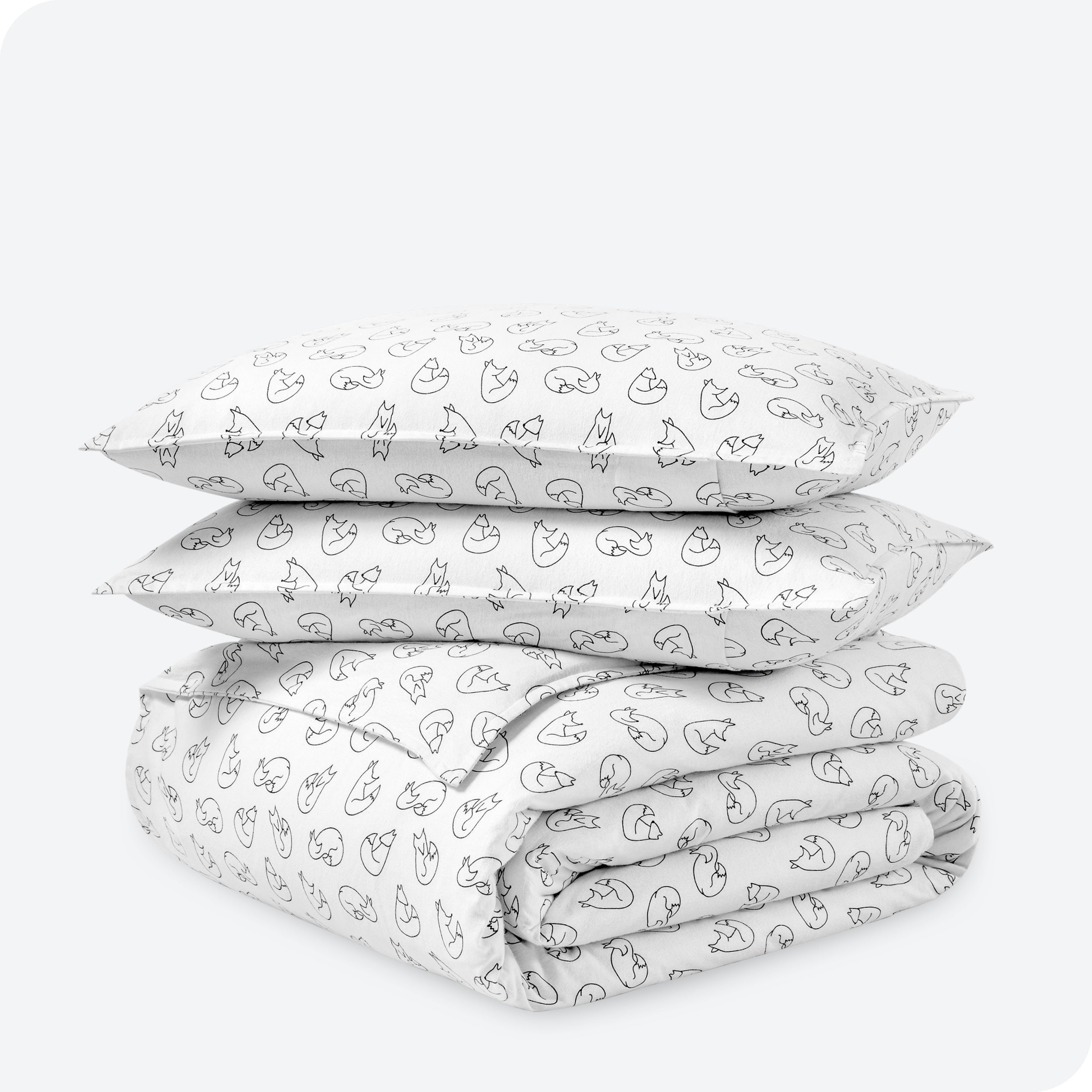 Fox print duvet cover and sham set folded and stacked