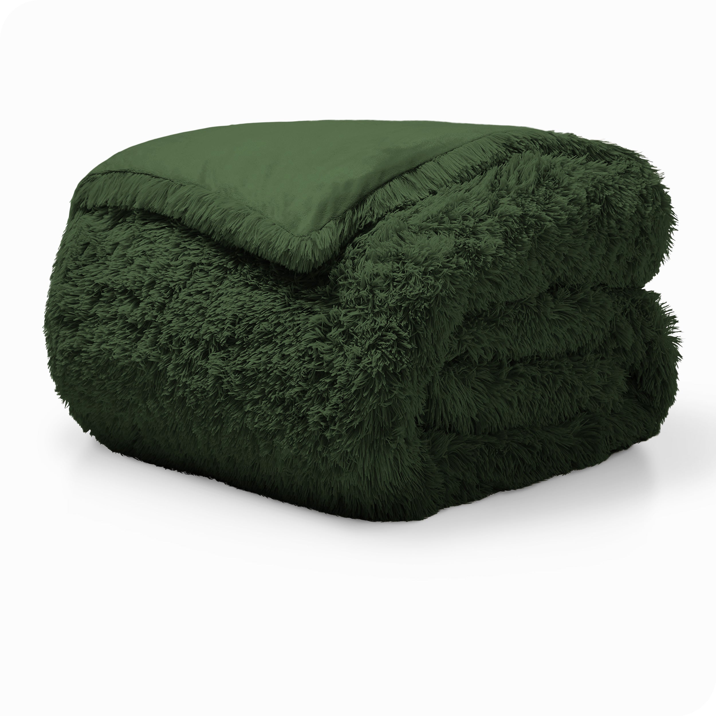 A forest green shaggy duvet cover folded neatly