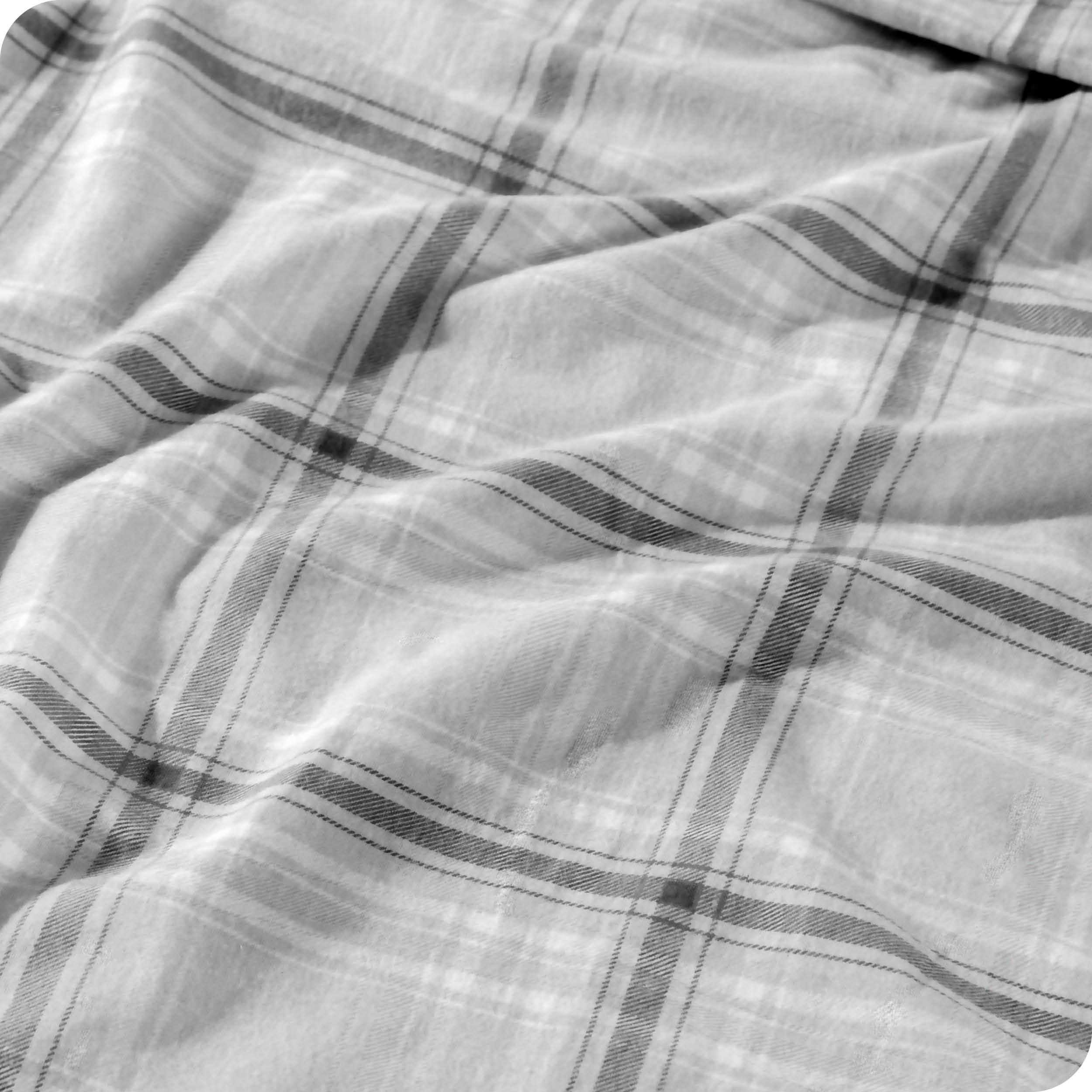 Close up of a plaid sheet showing the print