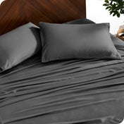 Close up of bamboo sheets and pillowcases on a bed