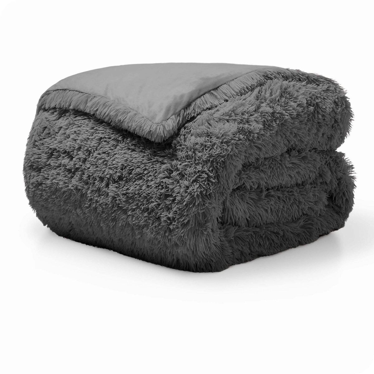 A grey shaggy duvet cover folded neatly