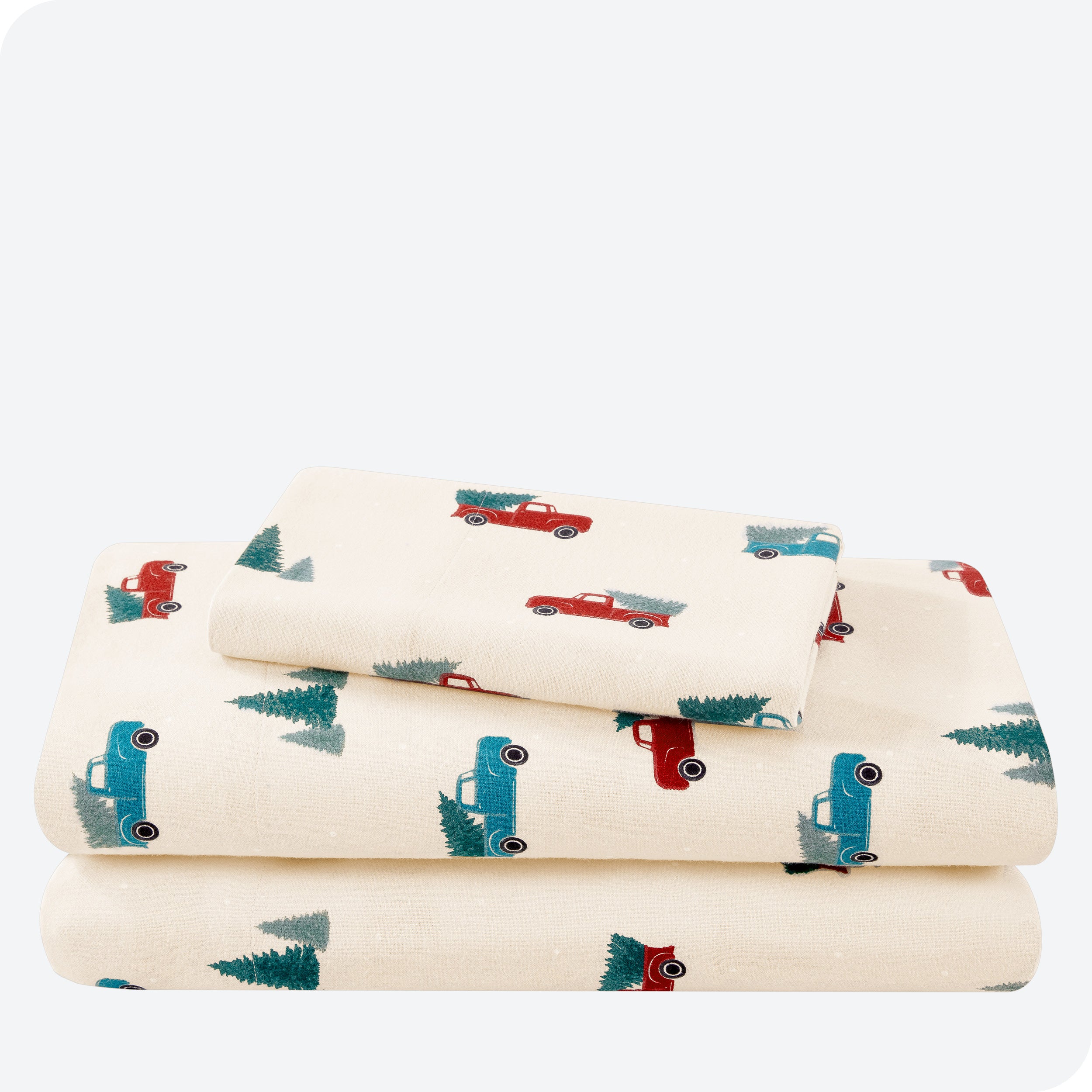 Flannel print sheet set folded and stacked neatly on a white background