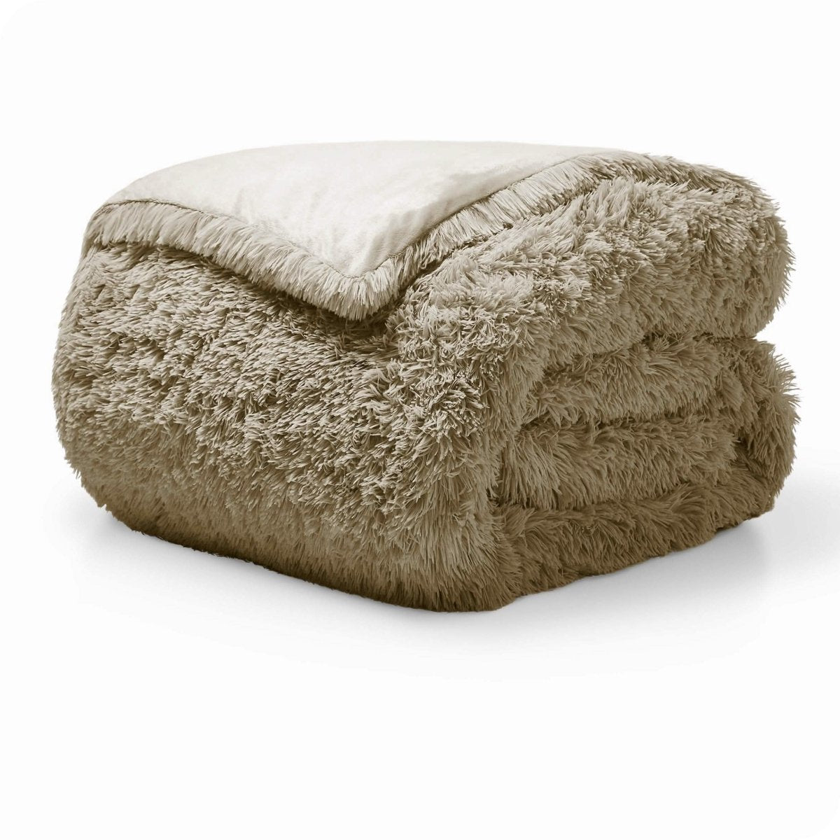 A sand shaggy duvet cover folded neatly