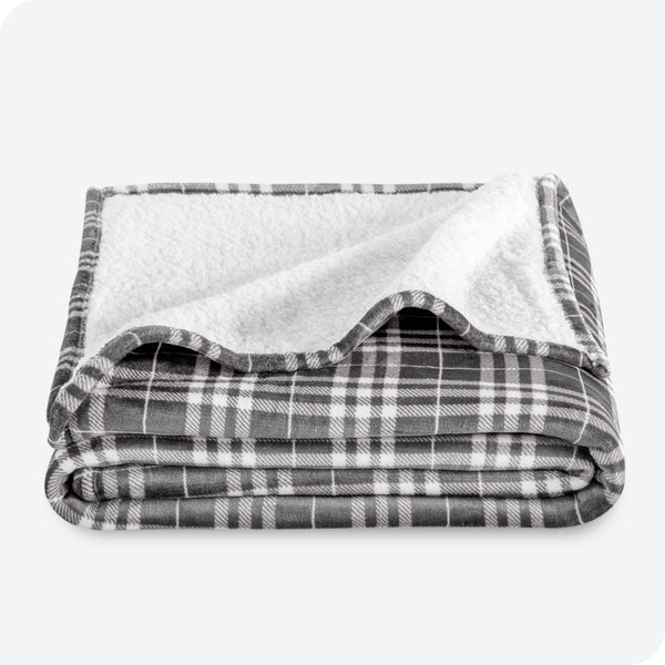 Plaid Grey White Sherpa Blanket