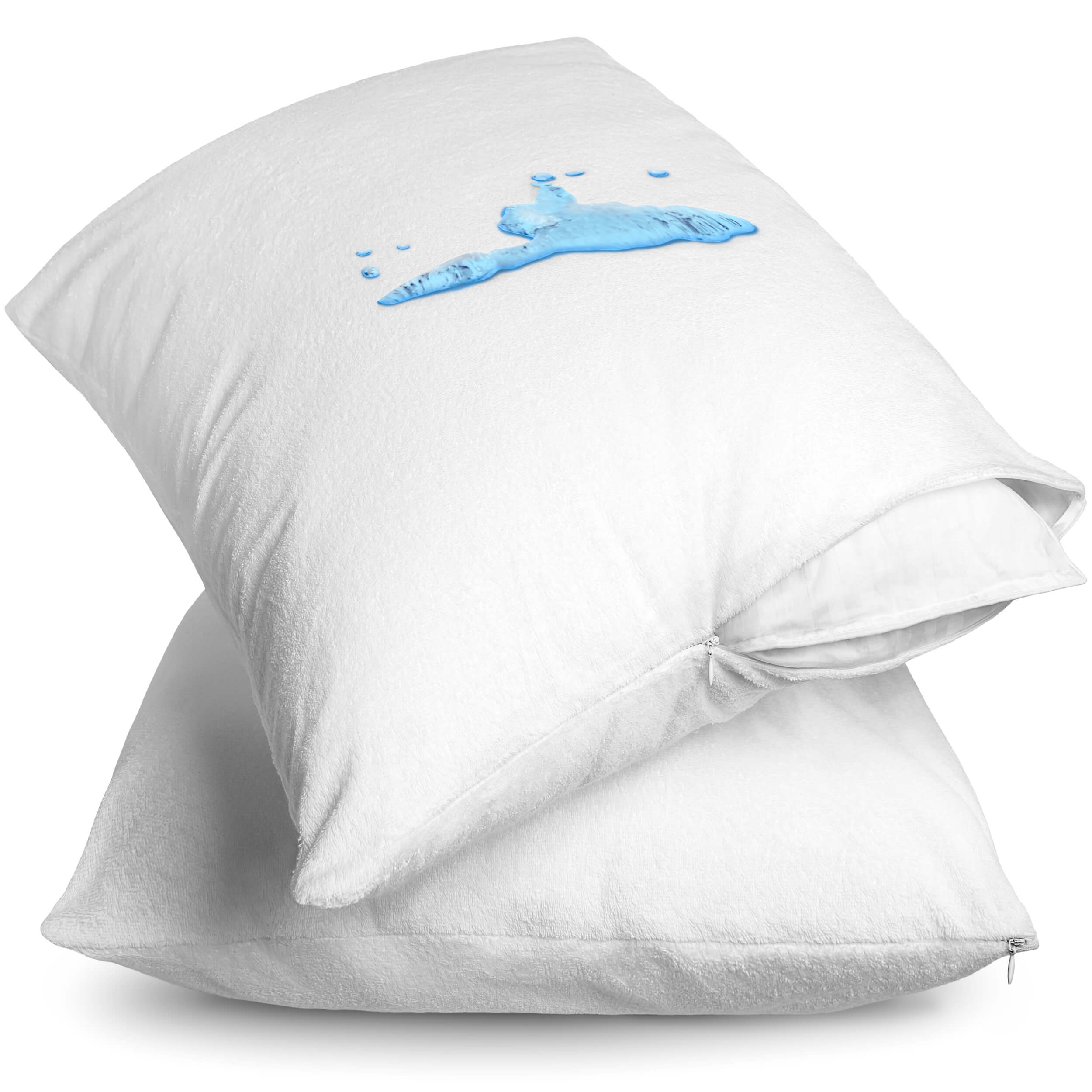 Two pillow protectors on pillows stacked