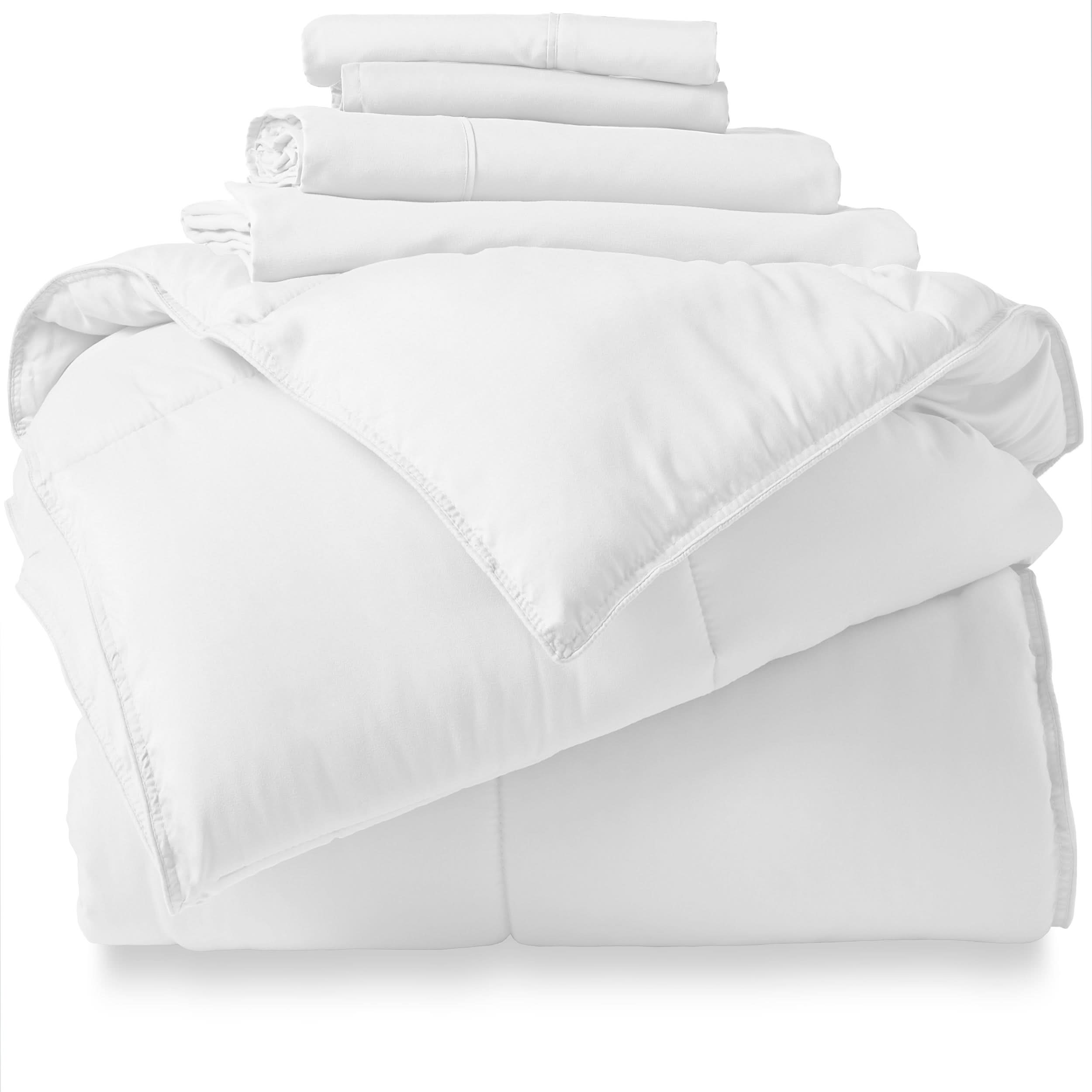 A stack of a microfiber bed set folded with a white background 1 Comforter, 1 Fitted Sheet, 1 Flat Sheet, 1 Pillow Sham, 1 Standard Pillowcase