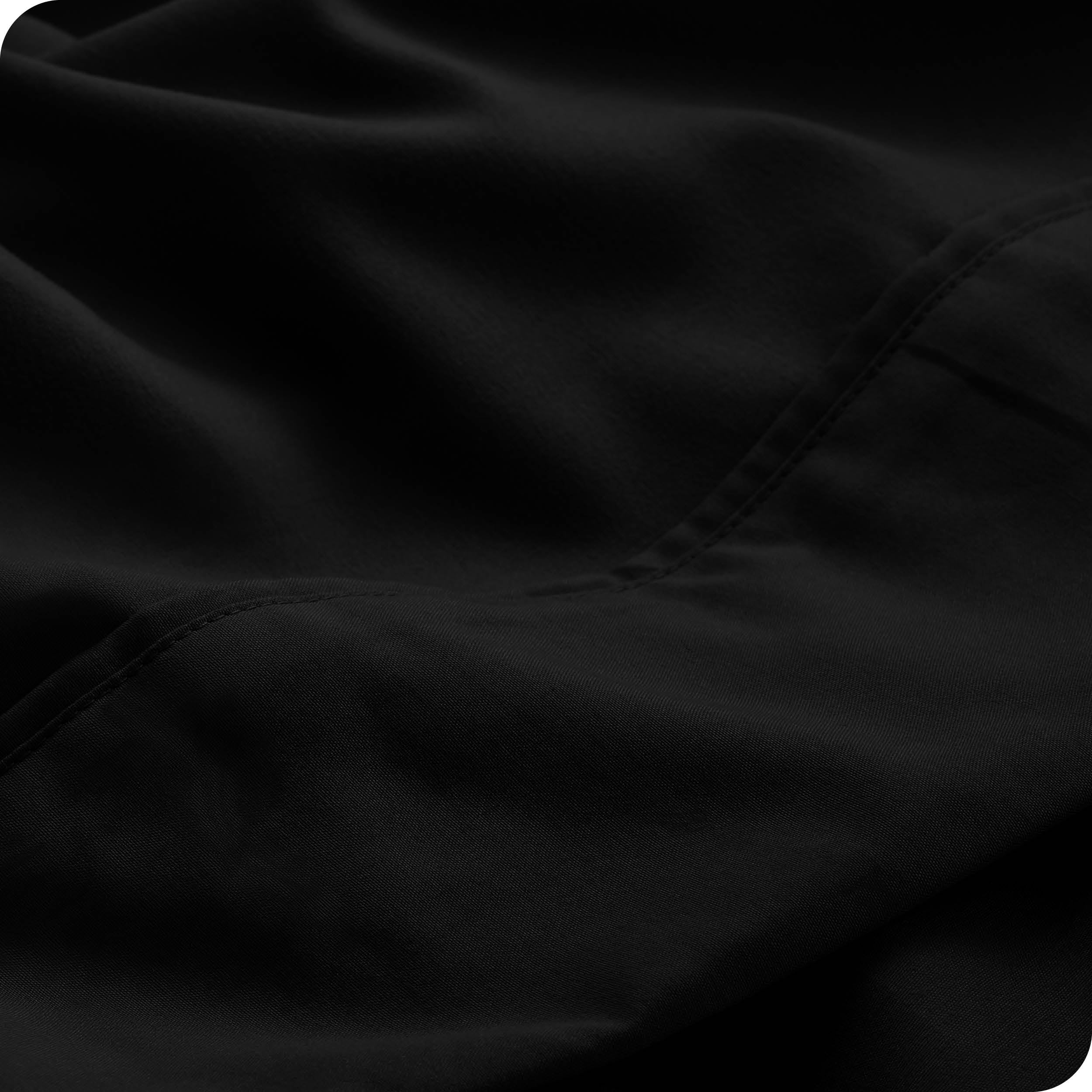 Close up of a black microfiber sheet showing the stitching and texture