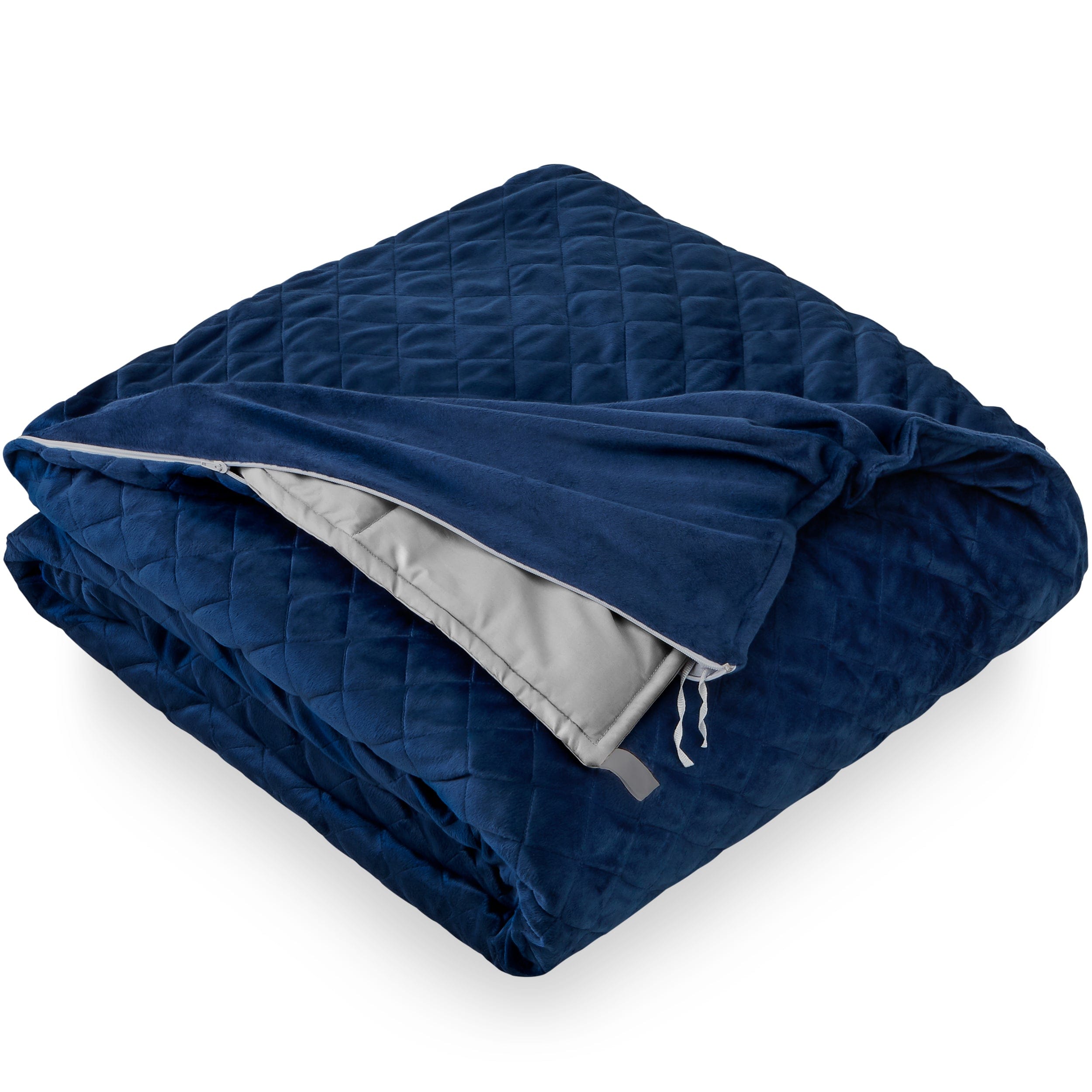 A grey weighted blanket is inside a dark blue cover and the blanket is slightly pulled out. The blanket is folded.