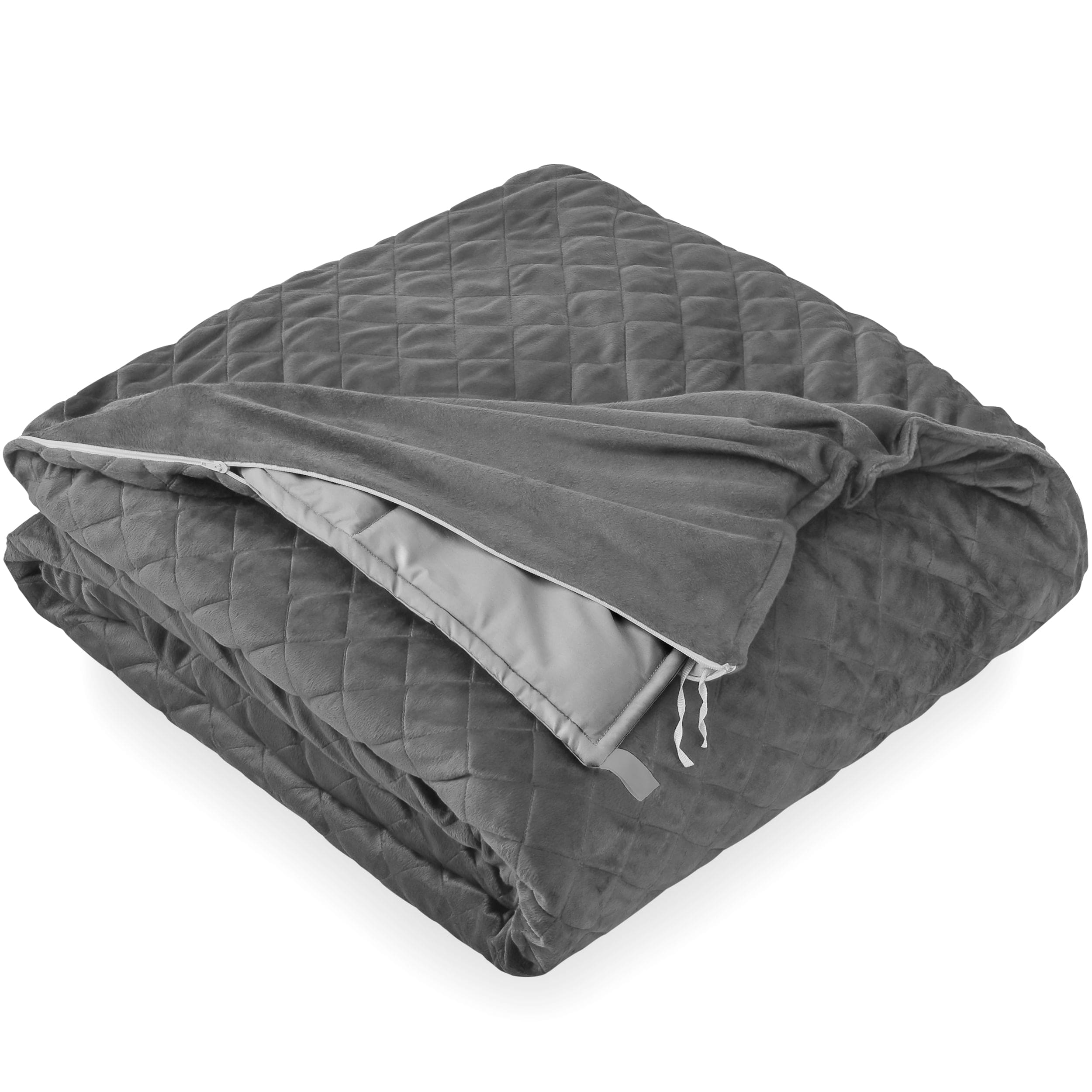 A grey weighted blanket is inside a grey cover and the blanket is slightly pulled out. The blanket is folded.